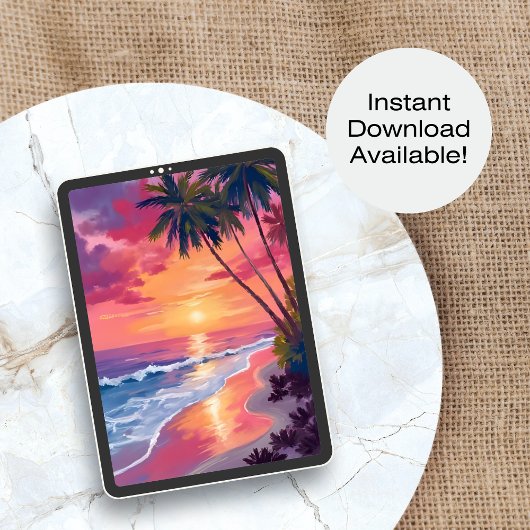 Paradise Sunset | Pink Tropical Watercolor Beach Poster