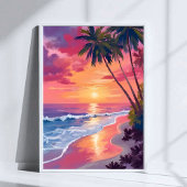 Paradise Sunset | Pink Tropical Watercolor Beach Poster