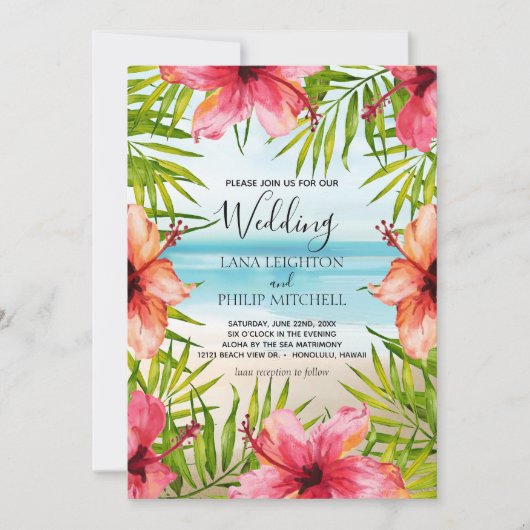 Paradise Tropical Palms and Flowers Wedding Kaart (Voorkant)