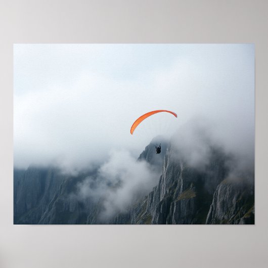 Paraglider Soaring Over Foggy Mountain Cliff Poster (Voorkant)
