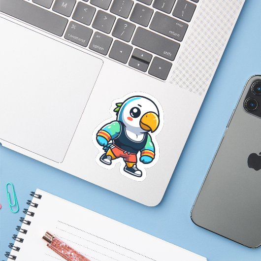 Parakeet Gym Bro Sticker (Laptop met iPhone)