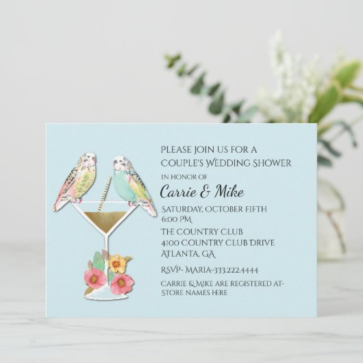 Parakeets Couples Wedding Shower Invitation Kaart (Staand voorkant)