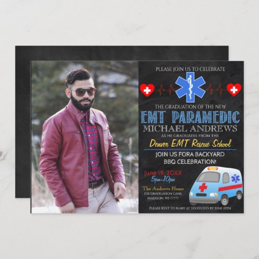 Paramedische EMT Afstuderen Invitation Kaart (Voorkant / Achterkant)