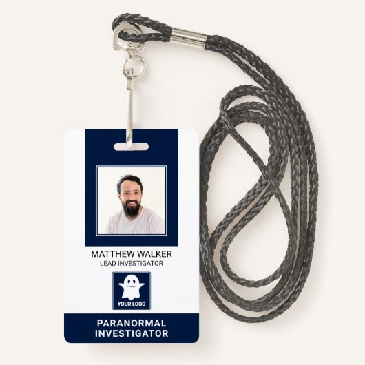 Paranormale onderzoeker Navy Blue QR Code Foto ID Badge (Voorkant met draagriem)