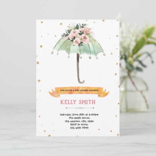 Paraplu baby sprinkle feest thema kaart (Staand voorkant)