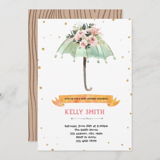 Paraplu baby sprinkle feest thema kaart (Voorkant / Achterkant)