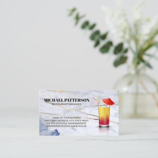 Paraplu cocktail | Blue Gold Marble Visitekaartje (Staand voorkant)