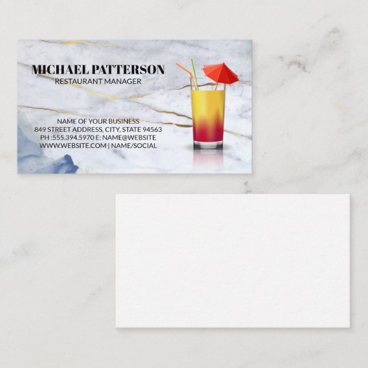 Paraplu cocktail | Blue Gold Marble Visitekaartje (Voorkant / Achterkant)