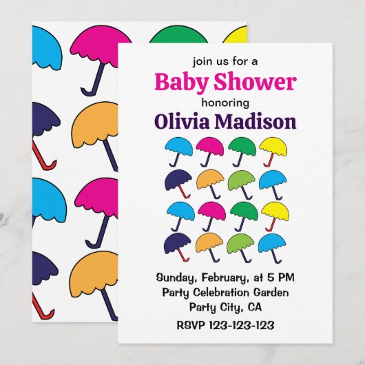 Paraplu Kleurrijke Paraplu Baby Meisje Douche Kaart (Voorkant / Achterkant)