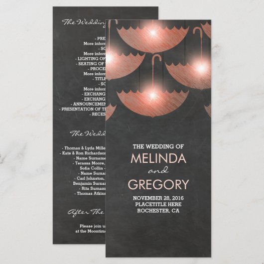 Paraplu Lights Krijt en Roze Trouwprogramma Programmakaart (Voorkant / Achterkant)