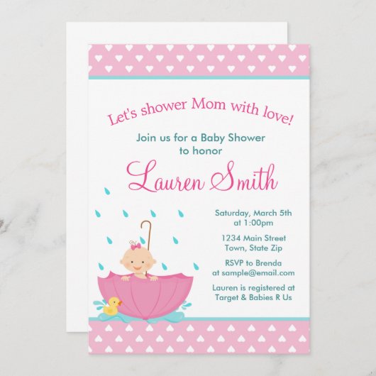 Paraplu Meisje Baby shower Uitnodiging Kaart (Voorkant / Achterkant)