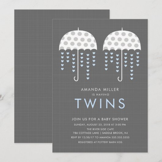 Paraplu TWINS Jongens Baby shower Invitation Kaart (Voorkant / Achterkant)