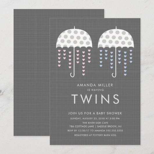 Paraplu TWINS Meisje Jongen Baby shower Invitation Kaart (Voorkant / Achterkant)