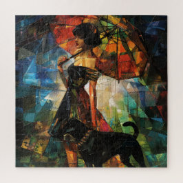 Paraplu vrouw met hond legpuzzel