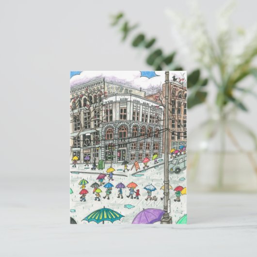 Paraplu's op het Pioneer-plein Briefkaart (Staand voorkant)