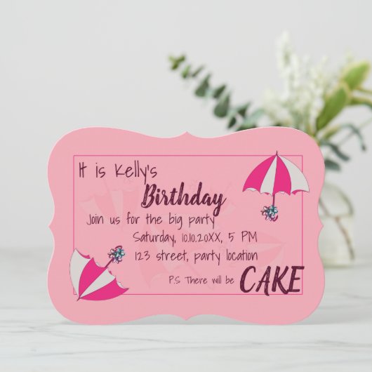 Paraplu's Roze Verjaardag Uitnodiging (Staand voorkant)