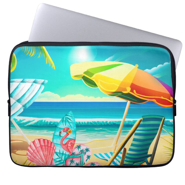 Paraplu's, surfplanken en bomen op het strand laptop sleeve (Voorkant)