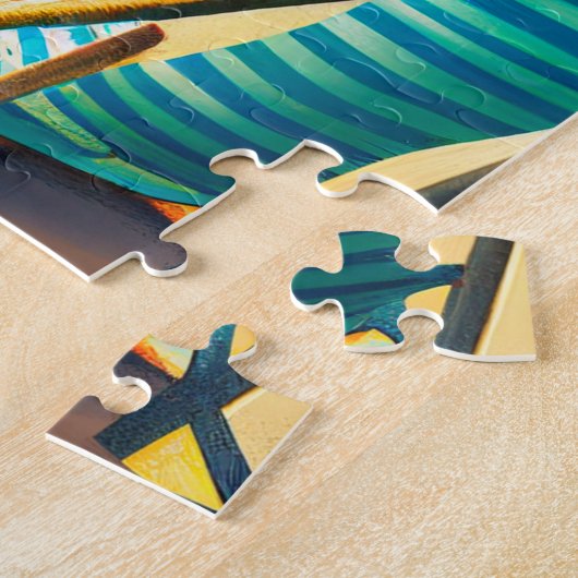 Paraplu's, surfplanken en bomen op het strand legpuzzel (Zijkant)