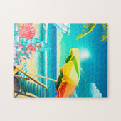 Paraplu's, surfplanken en bomen op het strand legpuzzel (Horizontaal)