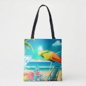 Paraplu's, surfplanken en bomen op het strand tote bag (Voorkant)
