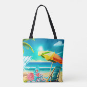 Paraplu's, surfplanken en bomen op het strand tote bag (Achterkant)
