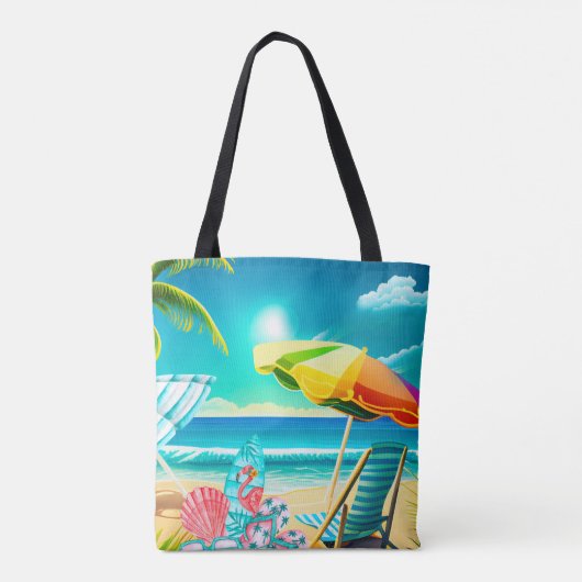 Paraplu's, surfplanken en bomen op het strand tote bag (Achterkant)