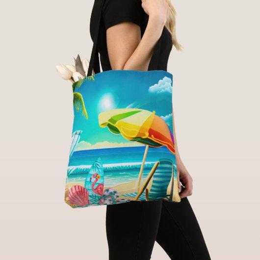Paraplu's, surfplanken en bomen op het strand tote bag (Dichtbij)