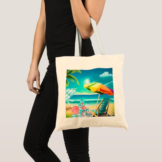 Paraplu's, surfplanken en bomen op het strand tote bag (Voorkant (product))