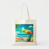Paraplu's, surfplanken en bomen op het strand tote bag (Voorkant)