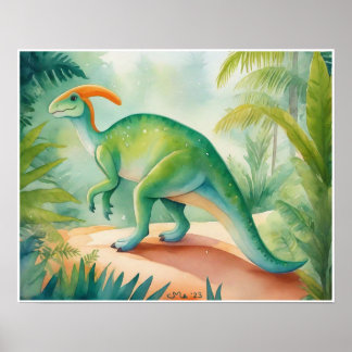 Parasauralophus Waterverf Dinosaurus Nursey Art Poster