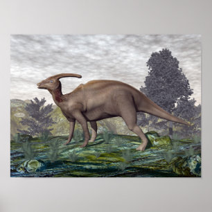 Parasaurolophus dinosaur onder de gingko-bomen poster