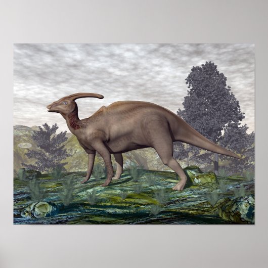 Parasaurolophus dinosaur onder de gingko-bomen poster (Voorkant)