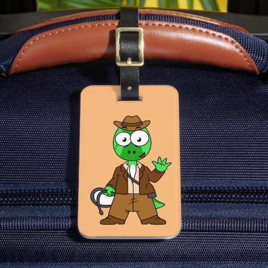 Parasaurolophus verkleed als Indiana Jones. Bagagelabel (Voorkant Insitu 2)