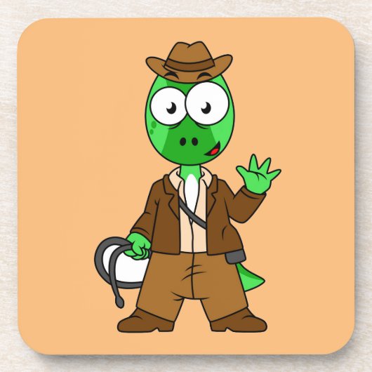 Parasaurolophus verkleed als Indiana Jones. Bier Onderzetter (Voorkant)