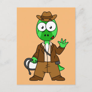 Parasaurolophus verkleed als Indiana Jones. Briefkaart