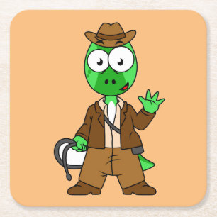 Parasaurolophus verkleed als Indiana Jones. Kartonnen Onderzetters