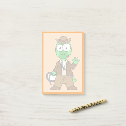 Parasaurolophus verkleed als Indiana Jones. Post-it® Notes (Op bureau)