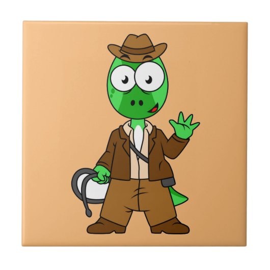 Parasaurolophus verkleed als Indiana Jones. Tegeltje (Voorkant)