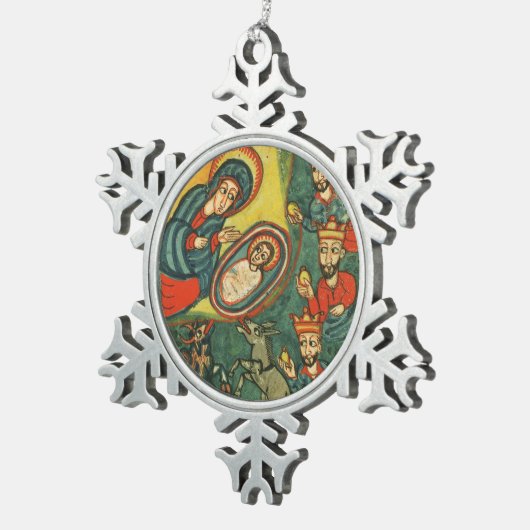 PARCHMENT NATIVITEIT CHRISTMAS , ADORATIE VAN MAGI TIN SNEEUWVLOK ORNAMENT (Rechts)