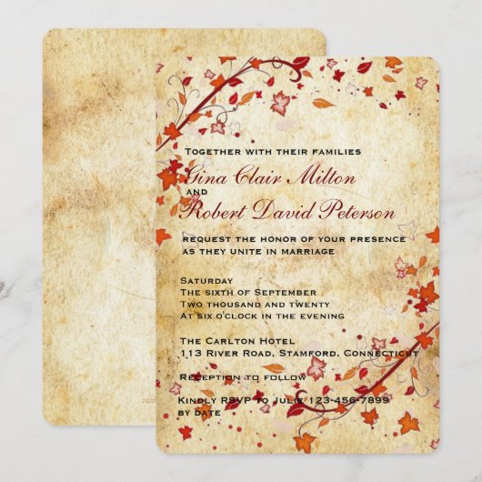 Parchment Swirls Maple Leaves  Fall Wedding Kaart (Voorkant / Achterkant)