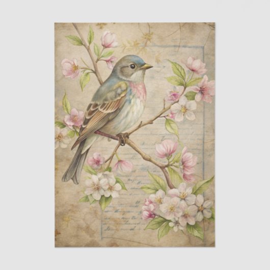 Parchment with Bird on Branch with Pink Blossoms Tissuepapier (Voorkant)