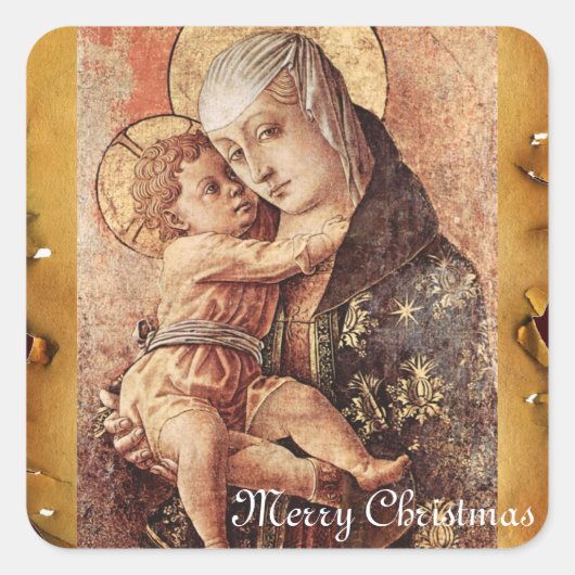 PARCHRISTMAS VIRGIN EN CHILD MERRY VIERKANTE STICKER (Voorkant)