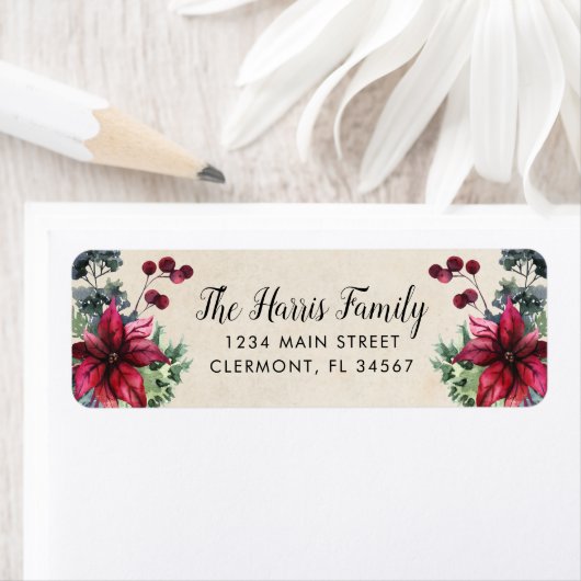 Parchstroompapier Red Poinsettia Holly Berries Lab Etiket (Insitu)