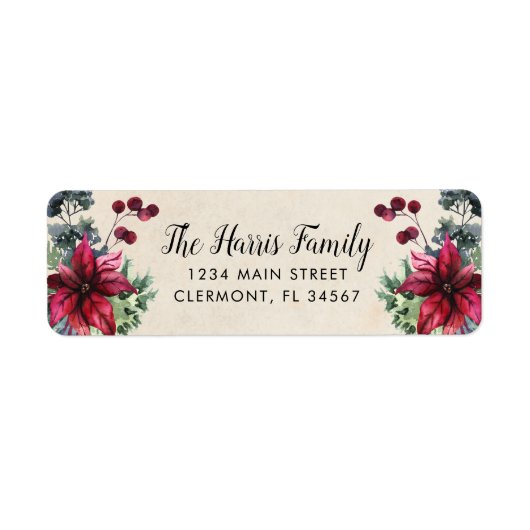 Parchstroompapier Red Poinsettia Holly Berries Lab Etiket (Voorkant)