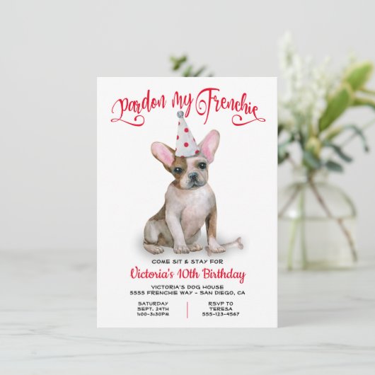 Pardon my Frenchie French Bulldog BIrthday Party Kaart (Staand voorkant)