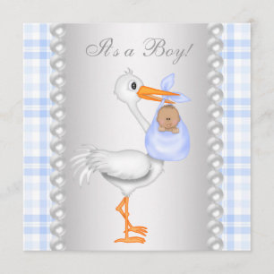 Parel Blauwgestreepte Ooievaar Jongens Baby Shower Kaart
