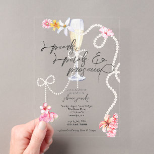 Parel, Bloemen + Prosecco Trendy Bruiloft Feest Acryl Uitnodigingen