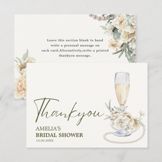 Parel en prosecco bloemrijke bruidsmeisjesfeest bedankkaart (Voorkant / Achterkant)