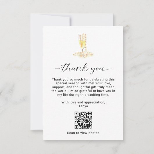 Parel- en Prosecco Bruidsdouche QR-code Bedankkaart (Voorkant)