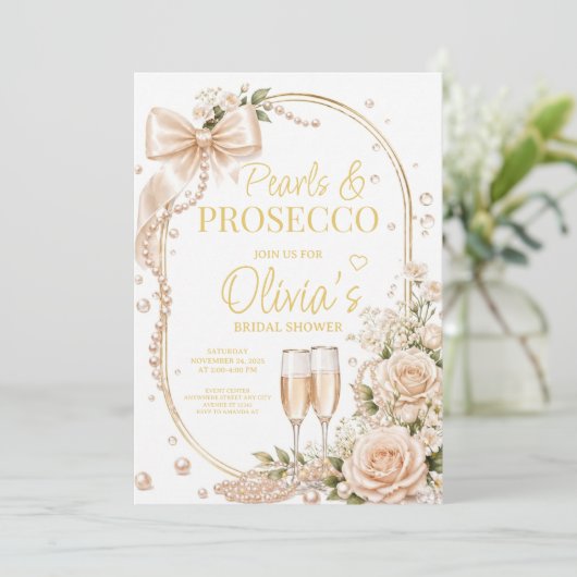 Parel en Prosecco Bruidsdouche uitnodiging (Staand voorkant)